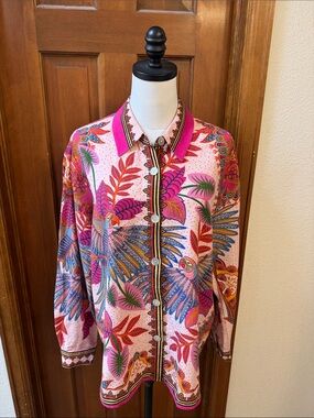 FARM Rio Pink Tropical Print Button-Front Jacket Size L